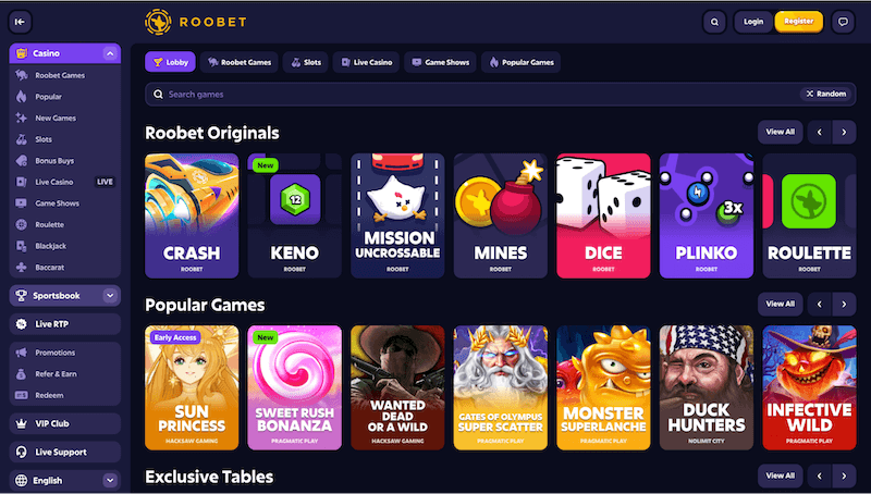 Roobet webpage